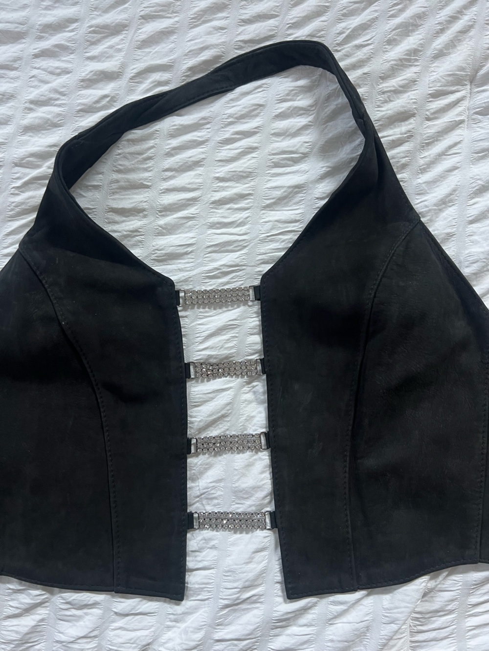 ✨ Vintage Black Leather Suede Vest – Size M | Rhinestone Detail